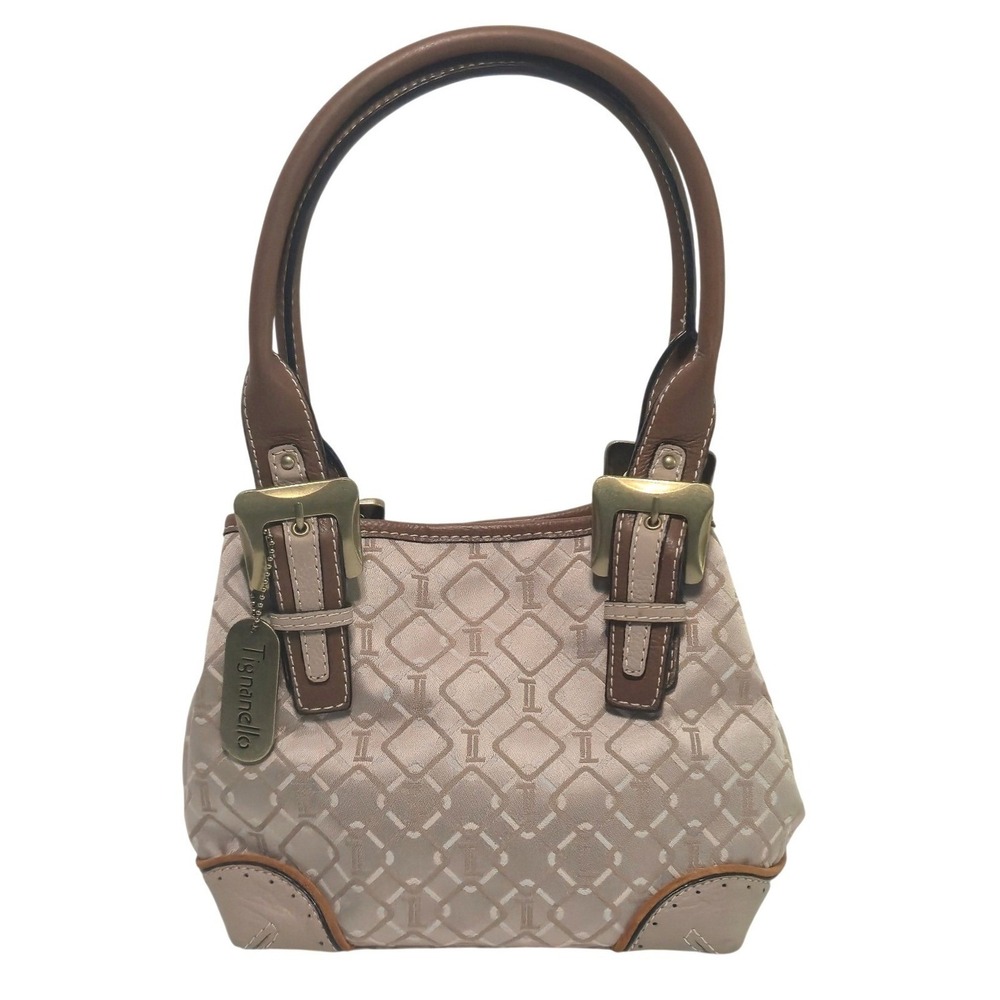 Tignanello Signature Satin Satchel Shoulder Bag Handbag‎ Purse Tan Leather Trim